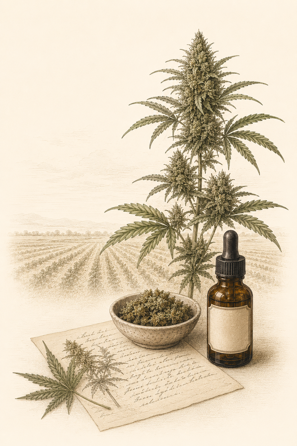 JP Hemp Hero Illustration. Cannabis plant with CBD Oil tincture bottle.