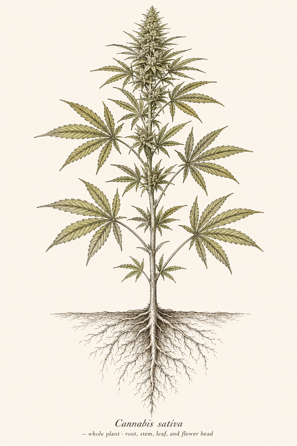 Engraved botanical illustration of the hemp plant — J.P. Hemp Company