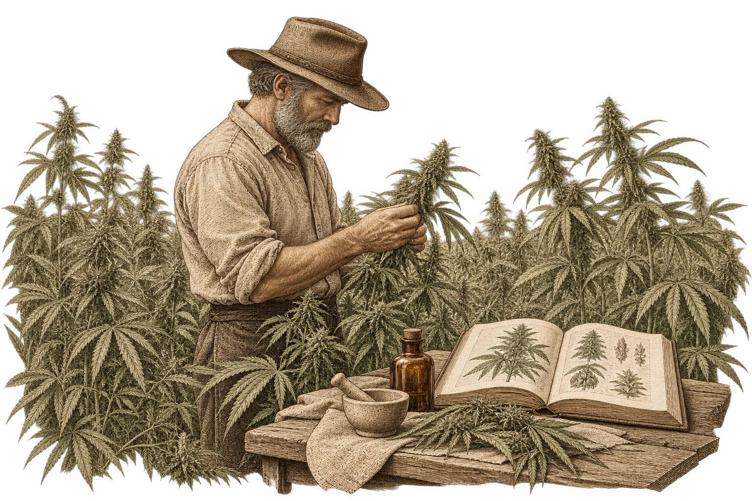 founder-figure-1 Founder examining hemp in a cultivated field beside botanical reference and preparation materials.