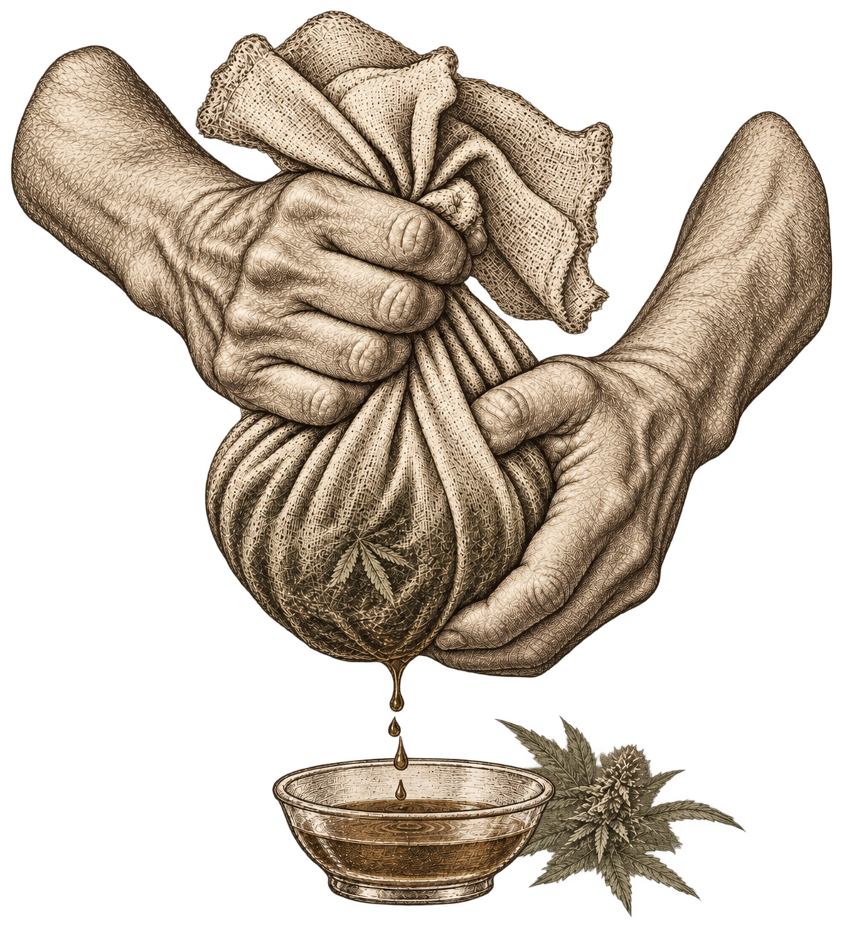 Engraved illustration of hands pressing hemp plant material in cloth over a receiving vessel.