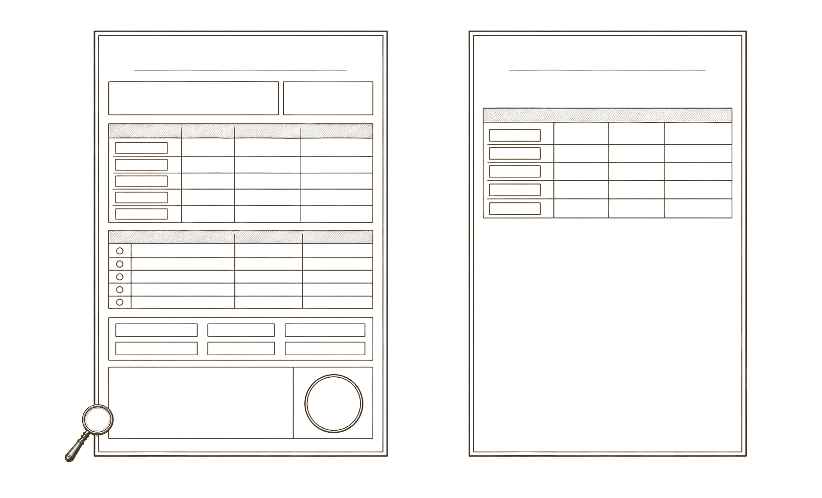 Archival comparison plate — complete versus incomplete COA as scholarly reference analysis in 19th-century engraving style