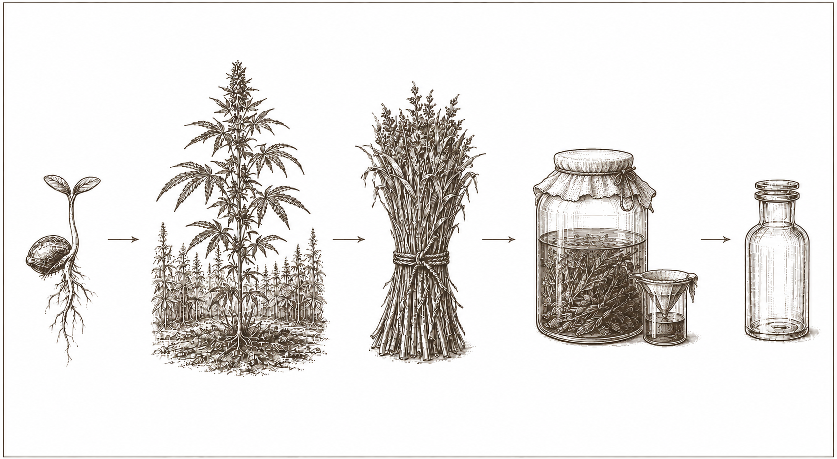 Archival process plate — hemp cultivation from seed through harvest to extraction apparatus in 19th-century engraving style