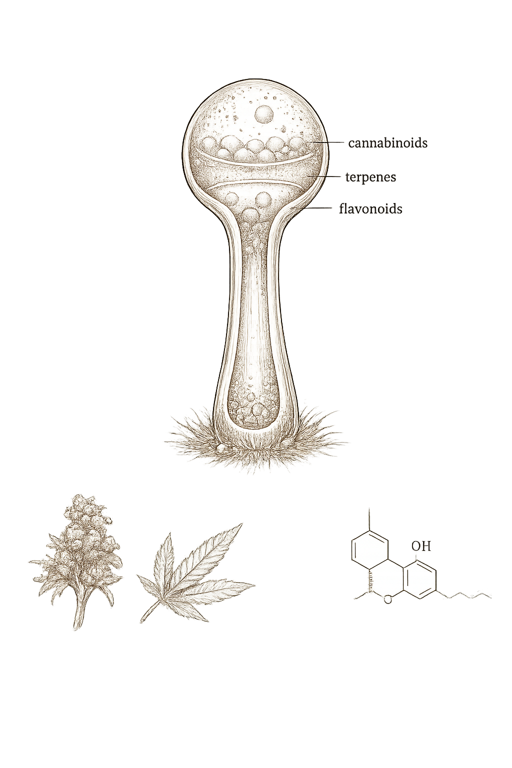 Archival botanical plate — hemp trichome cross-section showing cannabinoid, terpene, and flavonoid zones in 19th-century engraving style