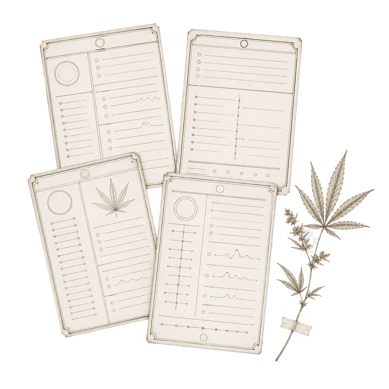 Botanical illustration — hemp plant with leaves, stem and flower — representing the cannabinoid monograph reference section