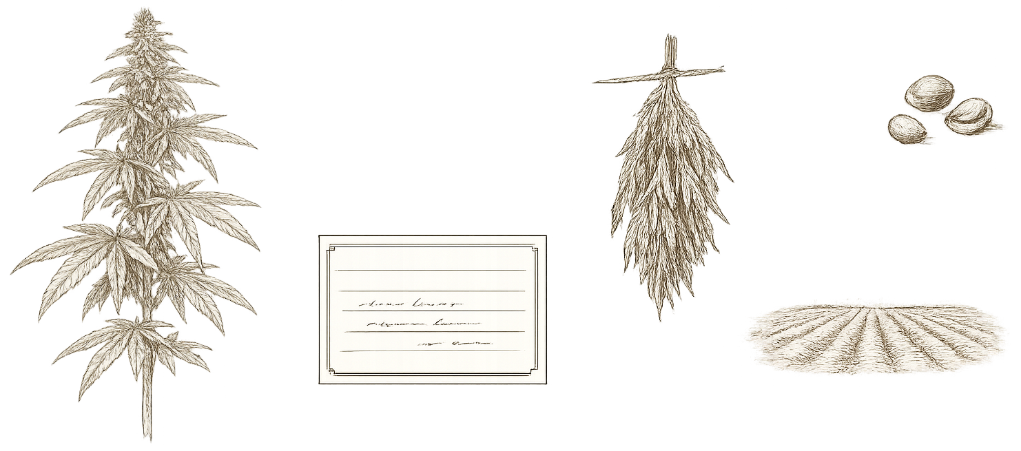 Botanical illustration — hemp plant specimen with leaves and flowers, representing the hemp plant understanding section