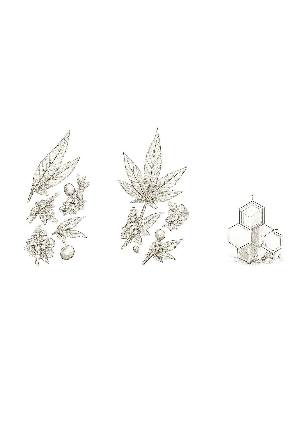 Archival comparison plate — full-spectrum, broad-spectrum, and isolate as parallel pharmacopoeia reference columns in 19th-century engraving style